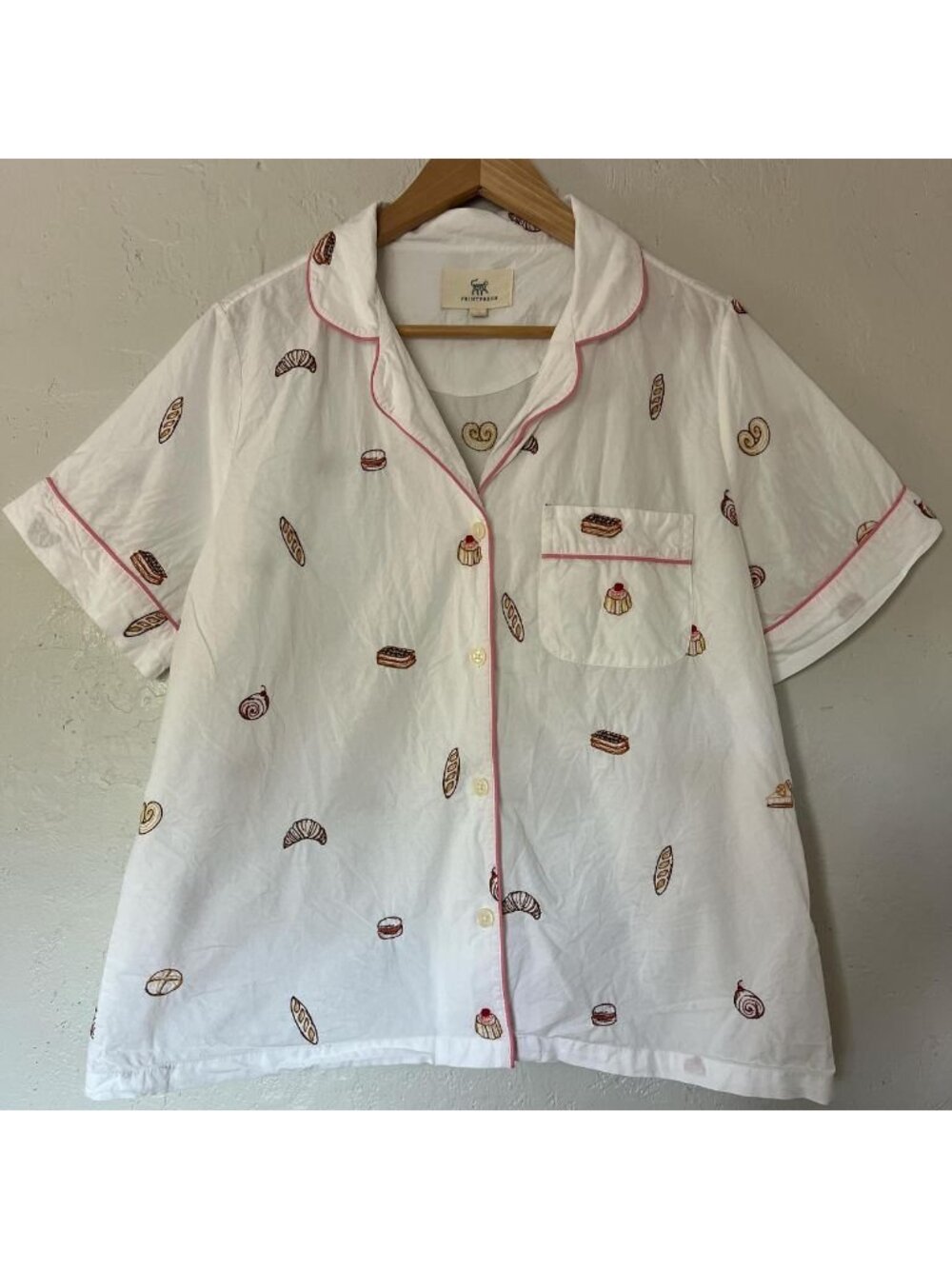 PrintFresh Women's White Pajama Top Embroidered with Pastries